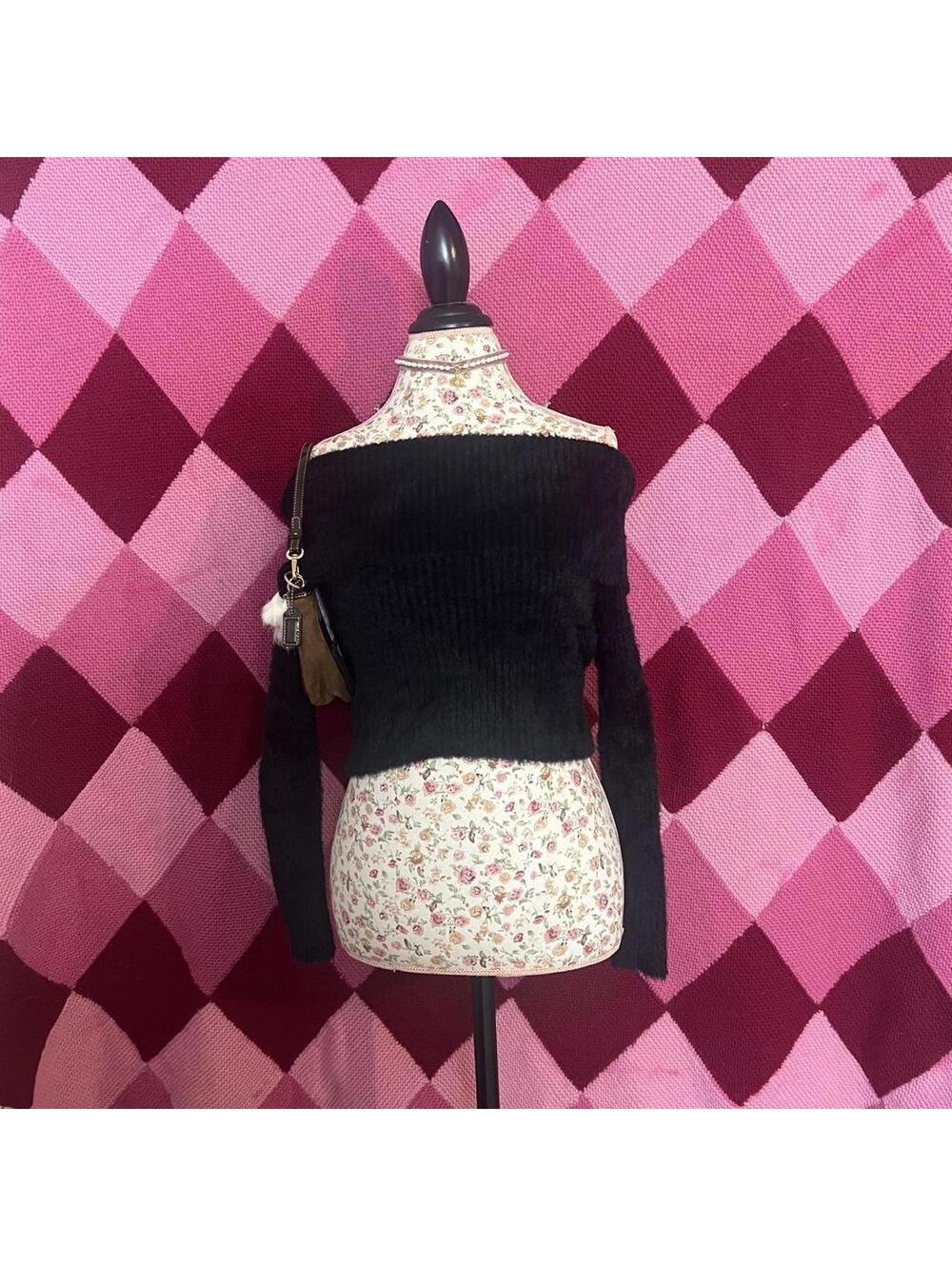 off the shoulder long sleeve fuzzy knit top
